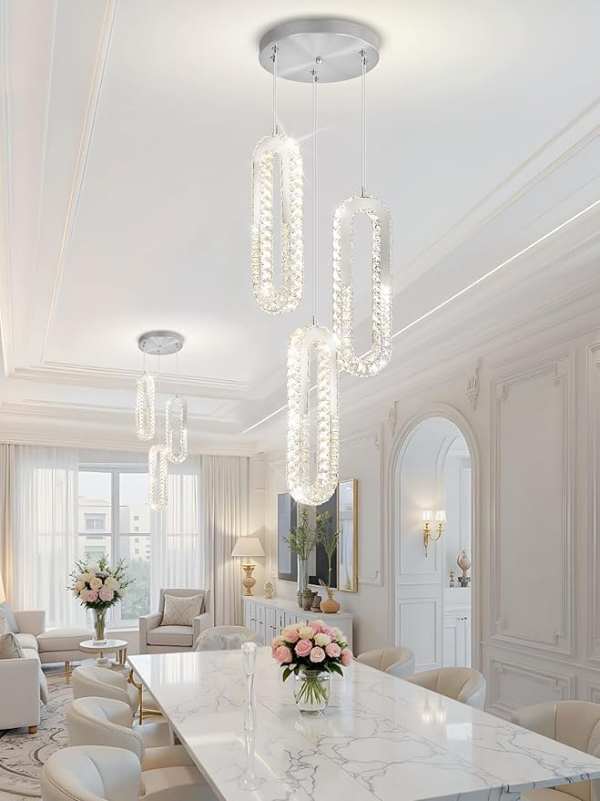 3-Light Modern Pendant Light for Kitchen Island Crystal Ring Chandelier Silver LED Pendant Lighting Fixture for Dining Room Kitchen Living Room Foyer Hallway Bedroom