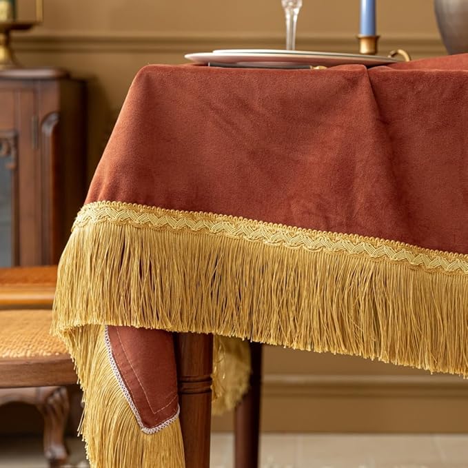 F-CHU Luxury Burnt Orange Tablecloth Thickset Velvet Tablecloth with Beautiful Gold Tassels Table Cloth for Home Decor Wedding, Party, Banquet and Events 60x86-Inch