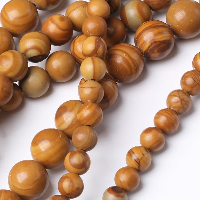 Yellow Woodgrain 10mm Stone Beads for Jewelry Making DIY Craft Gemstone Beads Kit (10mm, 35pcs) Smooth Healing Crystal Beads for Bracelets, Necklaces, Home Decor