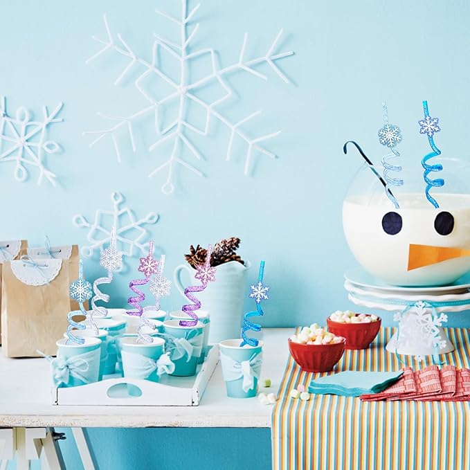 24Pcs Glitter Reusable Frozen Plastic Straws Drinking Straws, 4 Snowflake Shape & 4 Colors, Frozen Party Decoration Birthday Party Supplies