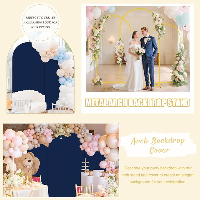 Party Arch Backdrop Stand and Cover Set of 3 (7.2FT, 6.6FT, 6FT) Metal Arch Stands with Navy Blue Arch Covers Stretchy Backdrops Wedding Arch Backdrop Stands Cover for Birthday Banquet Ceremony Decor