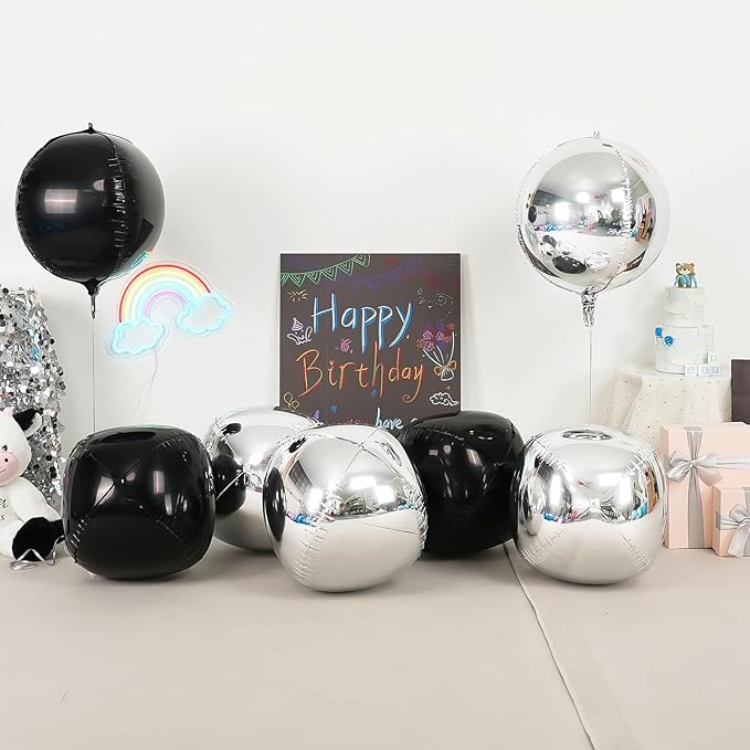 6Pcs Black Silver Round Foil Balloons, 22inch 4D Metallic Silver Black Balloons, Large Round Foil Ball Balloon for Birthday Graduation Christmas New Year Eve Disco Party Backdrop Decorations