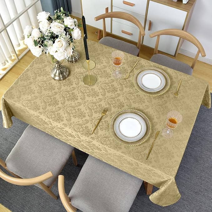 SASTYBALE Jacquard Tablecloth Rectangle 60 x 120 Inch, Spill Proof Dust Resistant Damask Table Cloth, Soft Polyester Table Cover for Dining, Party, Indoor, Outdoor, Gold