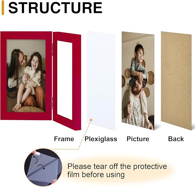 decorUhome Double 5x7 Picture Frame Vertical, Engineered Wood Bifold Photo Frame with Plexiglass for Tabletop Display, 5x7, Red