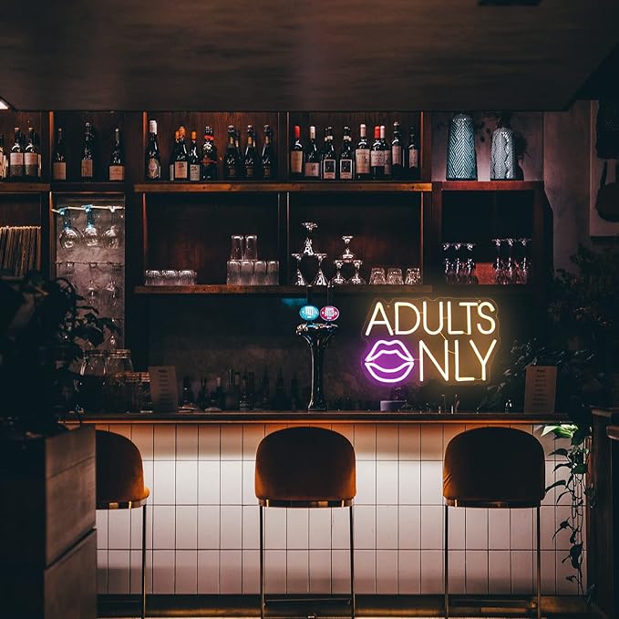 Adults Only Neon Sign Pink Lip LED Neon Lights Signs Sexy Neon Light Neon Bar Sign Orange Letter Neon Wall Sign Neon Signs for Bedroom Bar Man Cave Hotel Party Wall Decor USB with Switch