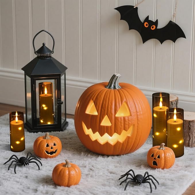 Raycare Flameless Candle with Remote Timer – 5 Flickering Acrylic Battery Operated LED Pillar Candles with Embedded Star String for Halloween, Fall Decor, Harvest Festival Gifts(Grey)