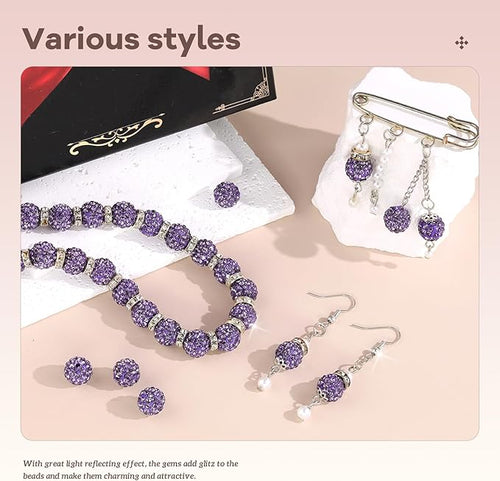 160pcs 10mm Rhinestone Beads for Jewelry Making, Purple Shiny Round Disco Ball Beads Bulk, Sparkle Crystal Clay Christmas for Bracelet Baseball Necklace Earring Crafting and DIY