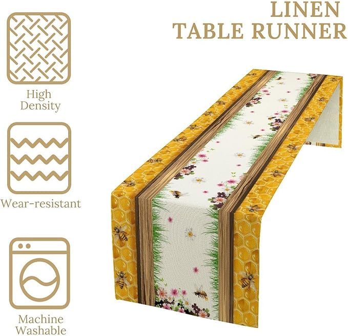 Watercolor Honeycomb Table Runner, Farmhouse Spring Summer Autumn Fall Floral Daisy Bee Print Kitchen Dining Table Decoration for Home Party Decor, 13x60inch