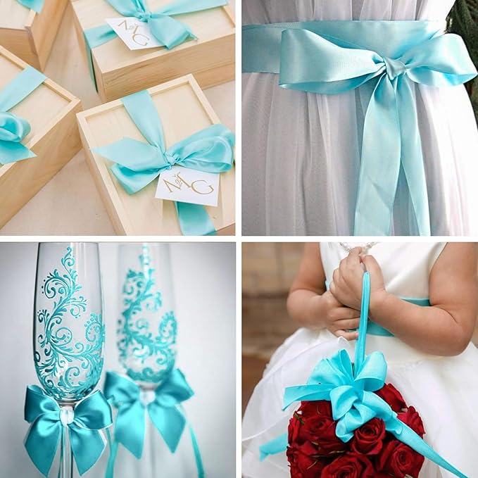 1" x 50 Yards Aqua Blue Satin Ribbon Single Faced Fabric Ribbons for Gift Wrapping, Crafting, Bows Making, Flower Bouquet, Wedding, Home Decor