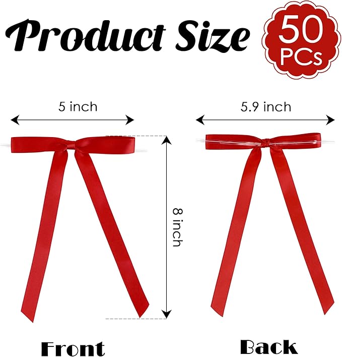 50 PCs Red Bow 5 Inch Long Tail Bows for Gift Wrapping, Easter Bow Party Decorations, Twist Tie Bows, Satin Bows for Crafts, Premade Bows for Presents, Treat Bags, Bottles, Cakes
