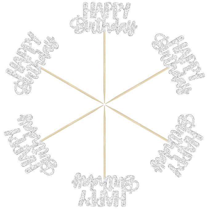 Gyufise 24Pcs Happy Birthday Cupcake Toppers Silver Glitter Birthday Cake Decorations Picks for Celebrating Birthday Party Decorations Supplies