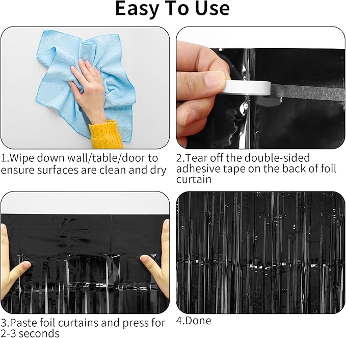 Black Streamers Party Decorations - Thicken 2 Pack 3.2 x 8.2 FT - Black Tinsel Foil Fringe Backdrop Curtains, Photo Booth Props for Birthday, Halloween, Retirement, Bachelor Party Decorations