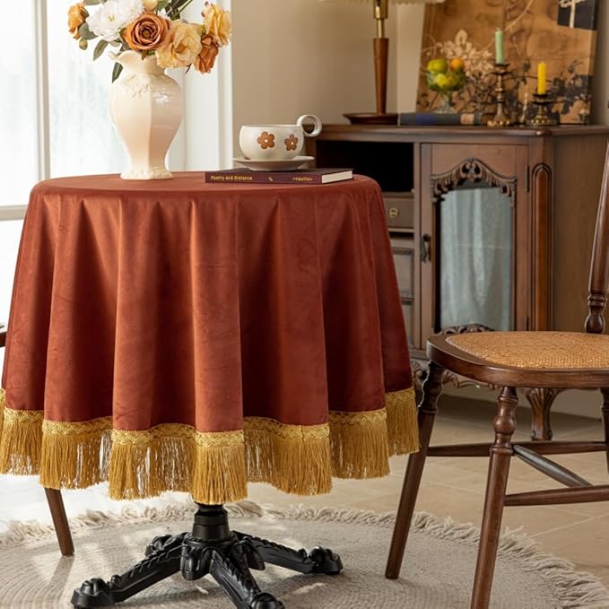 F-CHU Burnt Orange Tablecloth Thickset Velvet Tablecloth with Beautiful Gold Vintage Tassels Table Cloth for Home Decor Wedding, Party, Banquet and Events 70" Round