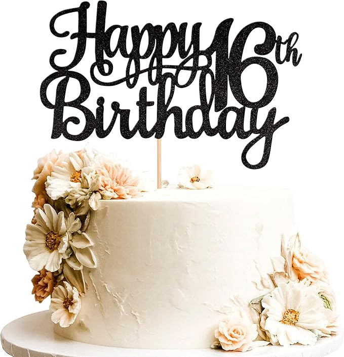 1 PCS Happy 16th Birthday Cake Topper Glitter Cheers to 16 Years Birthday Cake Pick Sweet 16 Fabulous Cake Decoration for Happy 16th Birthday Theme Party Decorations Supplies Black