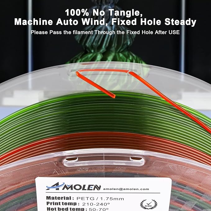 AMOLEN PETG Filament 1.75mm 3D Printer Clear Filament Translucent Rainbow Color Change 3D Filament with Orange Green Blue 1KG/2.2lb