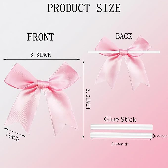 50 PCS Twist Tie Bows Satin Ribbon Bows 3.3 Inch Gift Wrap Bows Craft Bows for Gift Wrapping, Party Decorations Gifts Bag DIY Treat Bags Wedding Decor Baby Shower Christmas (Light Pink)