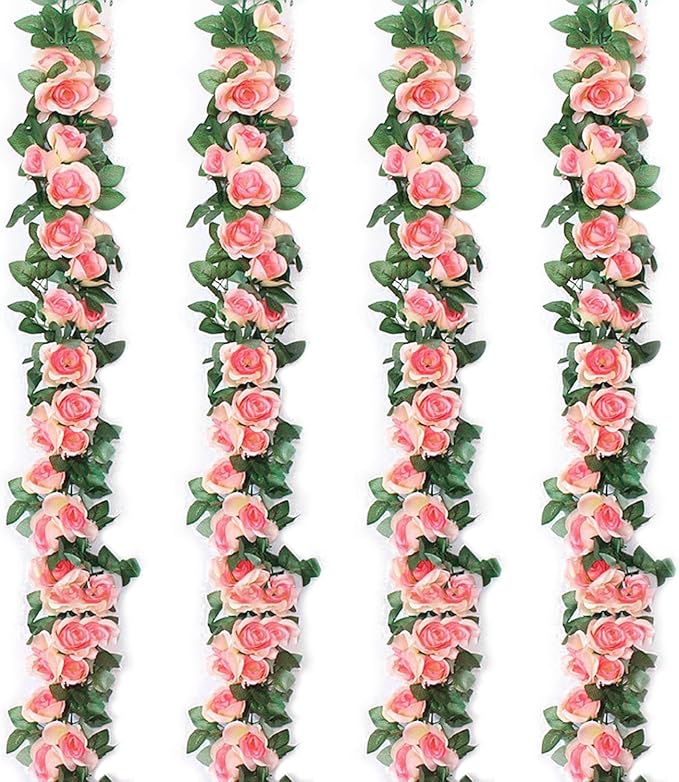 Musdoney 4Pcs 32.2 FT Fake Rose Vine Flowers Plants Artificial Flower Garland Hanging Rose Ivy Home Hotel Office Wedding Party Garden Craft Art Decor (Pink)