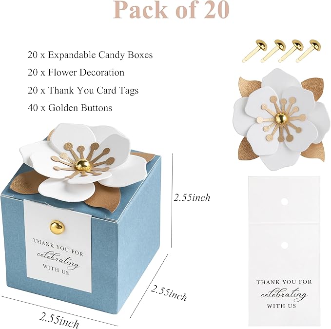 FEIYI 20 PCS Candy Boxes, 3 In 1 Dusty Blue Favor Boxes with Floral Decor, White Thank You Tags Gift wrapping for Wedding Birthday Baby Shower Decorations Party -2.55x2.55x2.55''