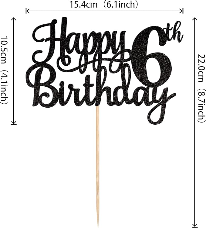 1 PCS Happy 6th Birthday Cake Topper Glitter Cheers to 6 Years Cake Pick Number 6 Fabulous Cake Decoration for 6th Birthday Theme Party Decorations Supplies Black