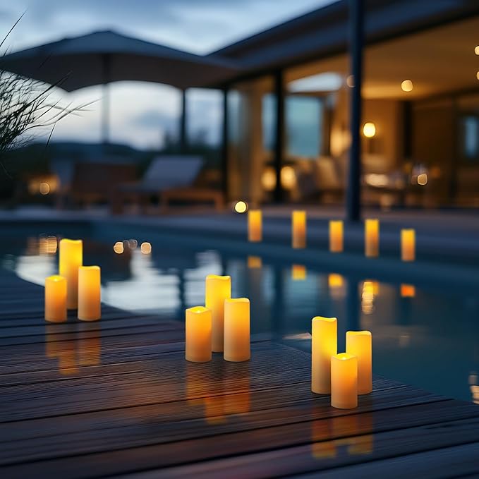 Homemory 12 Pcs Waterproof Flameless LED Candles with Remote & Timer, 4-Size Set (D2.2'' x H4''5''6''7''), Battery Operated Candles for Home Decor, Outdoor Parties & Events