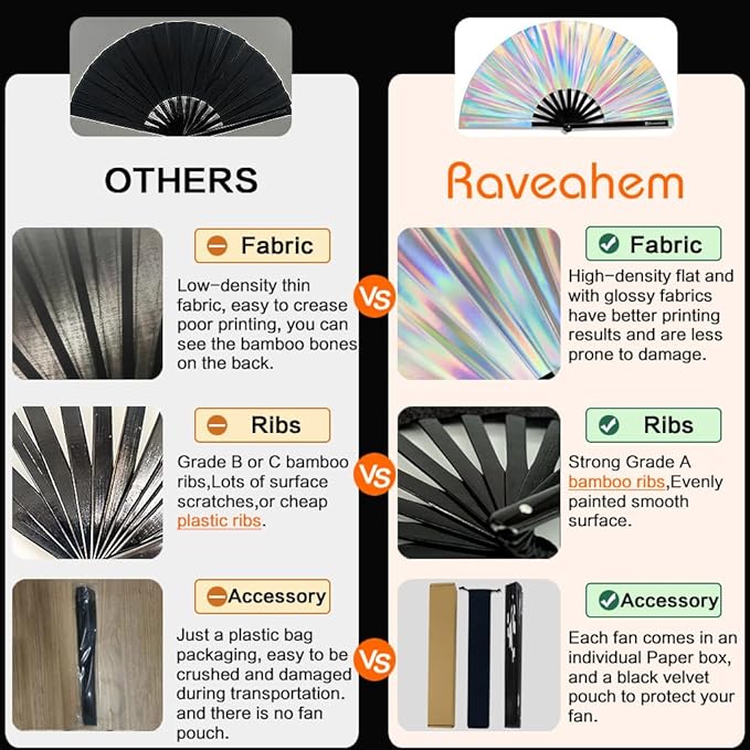 Large Rave Fan, Clack Folding Hand Fan with Premium Fabric, Thick Bamboo Frame for Men Women Gift for EDM, Festival, Club, Party, Dance, Decoration (Holographic Silver, 13")