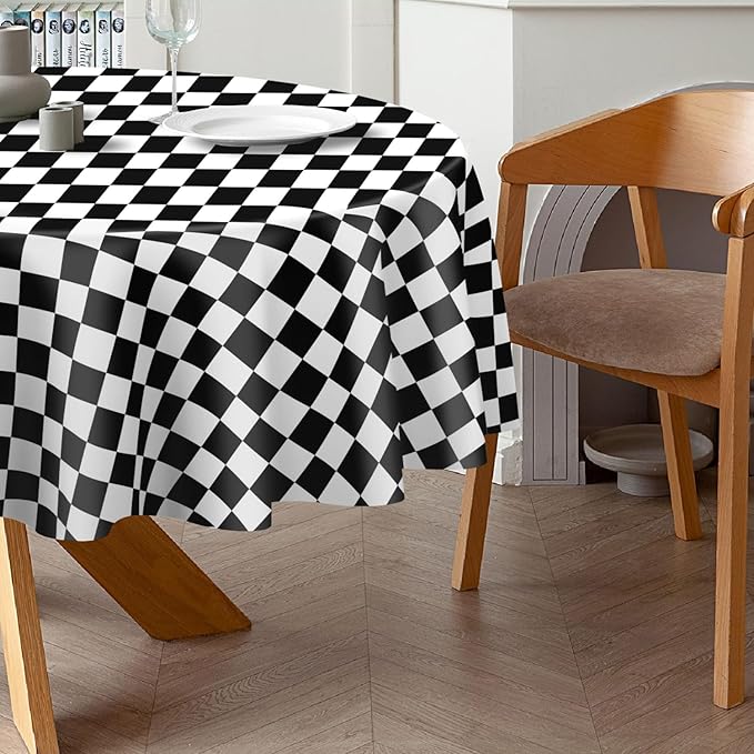 QIKSION Black and White Gingham Round Tablecloth 3 Pack, 84 Inch Plastic Checkered Table Cover Disposable for Parties