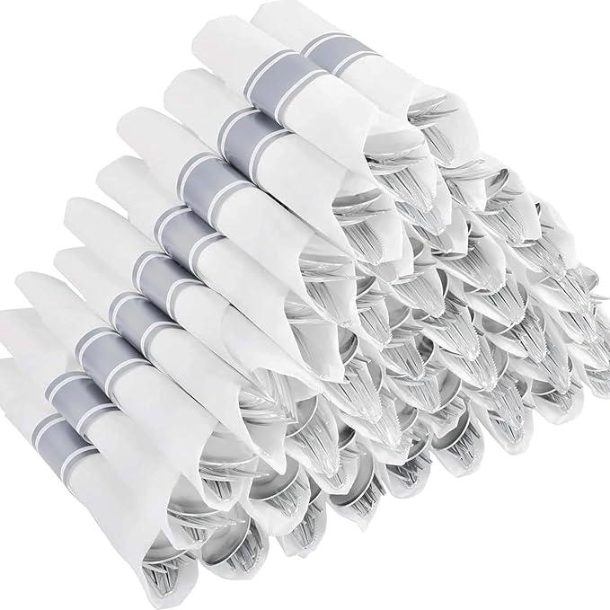 50Guests Pre Rolled Silver Plastic Silverware Sets - Heavy Duty Silver Cutlery - Include 50 Pack Wrapped Disposable Utensils with Napkins for Parties & Dinners & Weddings