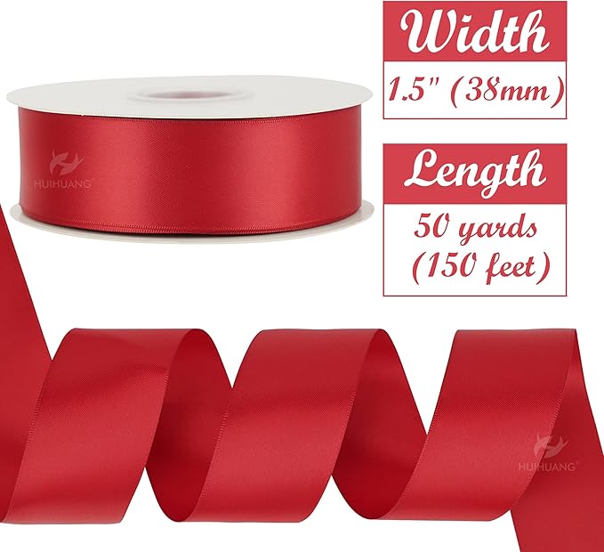 HUIHUANG Red Ribbon 1-1/2 inch Satin Ribbon, Red Double Faced Satin Ribbon for Christmas Gift Wrapping for Bows Making Floral Bouquet Wedding Christmas Decor Party Favor and Craft Supplies-50 Yards