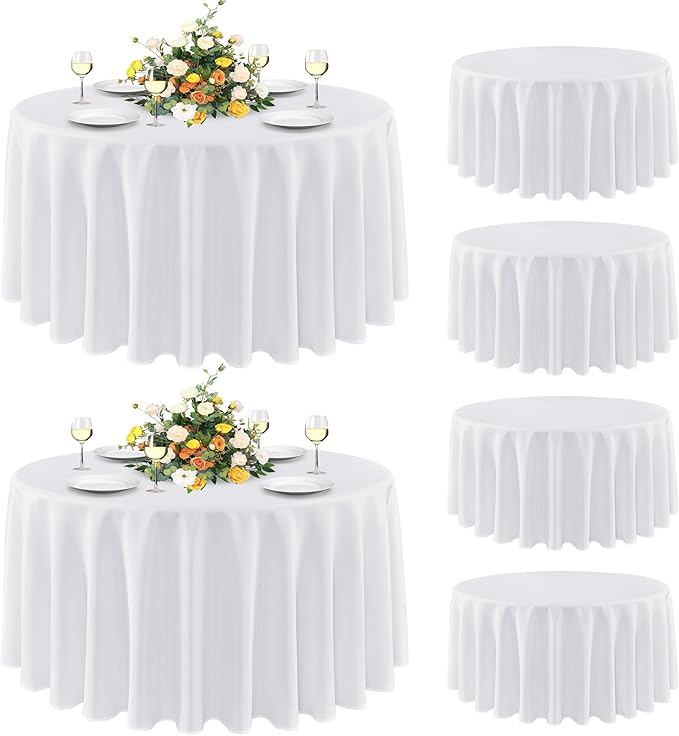 sancua 6 Pack Round Tablecloth 120 Inch White, Stain and Wrinkle Resistant Table Cloth - Washable Polyester Table Cover for Dining Tables, Buffet Parties and Camping