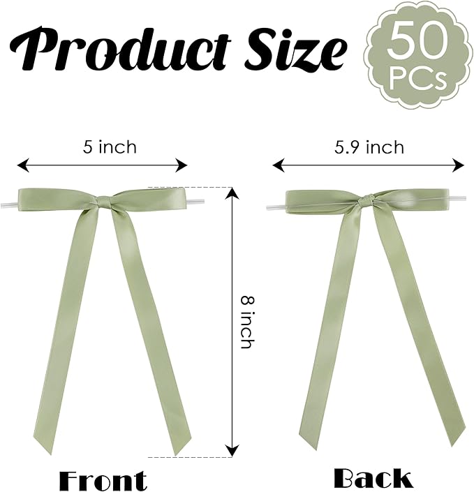50 PCs Sage Green Bow 5 Inch Long Tail Bows for Gift Wrapping, Wedding Bow Party Decorations, Twist Tie Bows, Satin Bows for Crafts, Premade Bows for Presents, Treat Bags, Bottles, Cakes