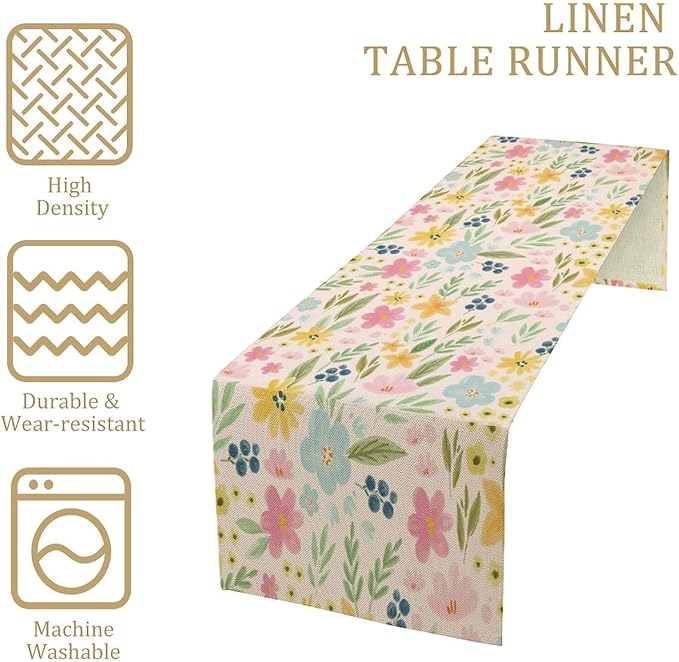 Floral Table Runner, Boho Style Watercolor Flower Green Leaf Plant Rectangle Table Decoration for Dining, Party, Holiday,13in（33cm） W * 36in（92cm） L
