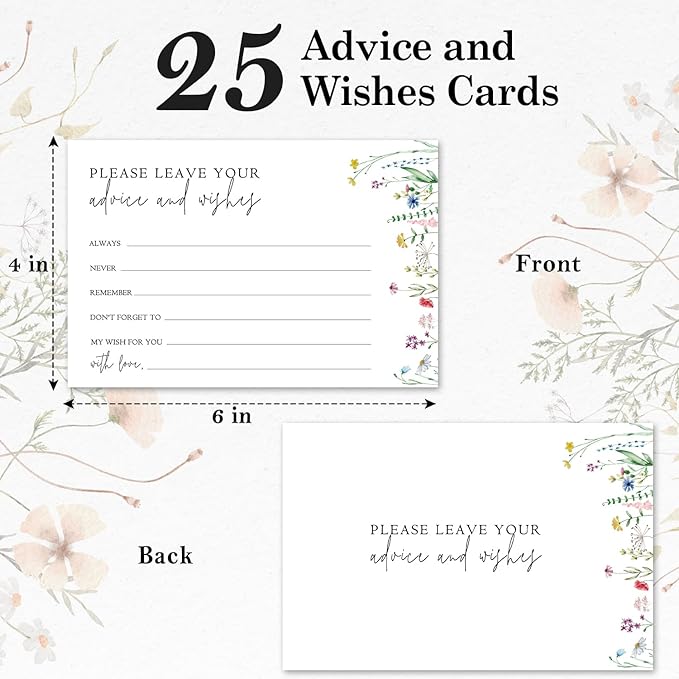Wildflower Advice And Wishes Cards For The Mr And Mrs, Blank Well Wishes For Baby Shower, Bridal Shower And Graduation Party, Wedding Advice Cards 4x6, Pack of 25 -G15