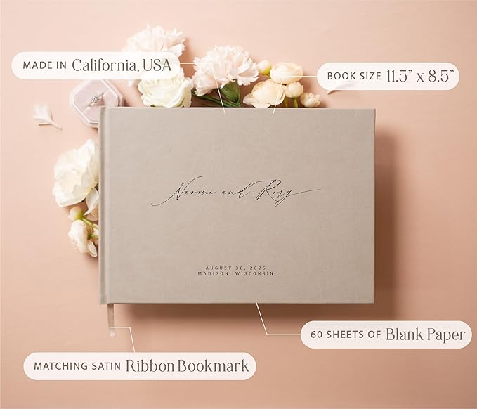 MUUJEE Personalized Guestbook in Taupe - Premium Custom Modern Guest Book for Wedding Reception, Birthday Party or Events w/Bookmark Blank Pages for Signing 11.5 x 8.5 inches
