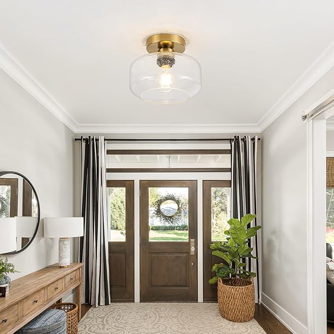 Simple & Elegant Semi Flush Mount Ceiling Light - Gold and Brass Fixture w/ 900LM LED Bulb for Kitchen, Bathroom, Hallway Lighting | Vintage Seeded Glass | Easy Install