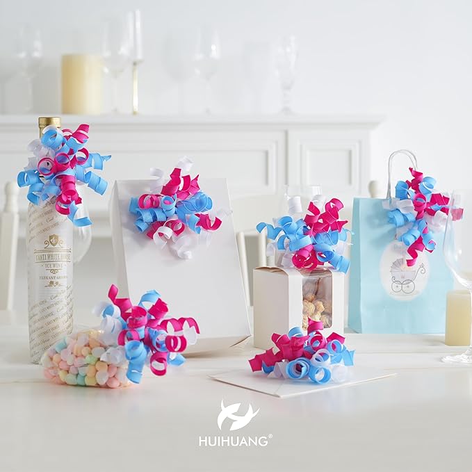 HUIHUANG Baby Shower Bows for Gift Wrapping, Blue/Pink/White Curly Ribbon Bows Self Adhesive Burst Gift Bow for Gender Reveal Party, Baby Shower Favors, Wine Bottle, Treat Bags - 6 Counts