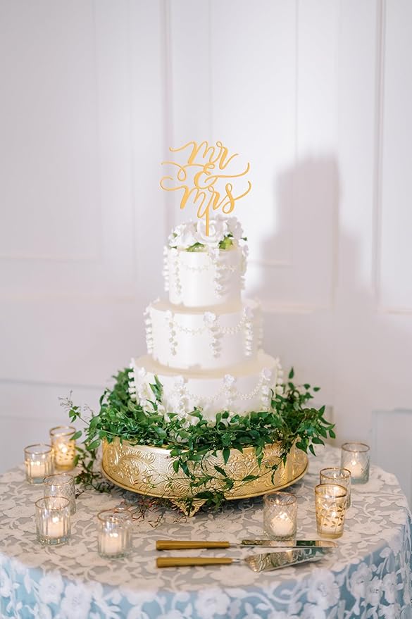 Mr and Mrs Cake Topper - Glitter Gold Acrylic Wedding Cake Decorations, Bride and Groom Cake Pick (Gold)