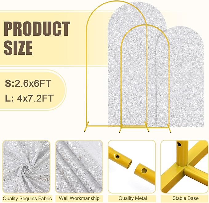 MODFUNS Metal Arch Backdrop Stand and Cover Set 6&7.2ft Silver Sequins Arch Cover Set of 2 Metal Arch Frame with Covers Balloon Arch Stands for Wedding Ceremony Banqet Party Reception