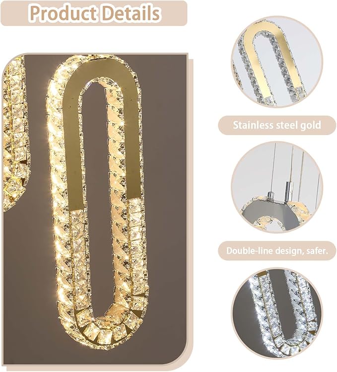 8 Rings Crystal Chandelier,H118 Modern Gold Pendant Light Luxury Foyer Lighting Fixture High Ceiling Chandelier for Entryway,Staircase,Living Room,Villa LED Dimmable 2700K-6000K