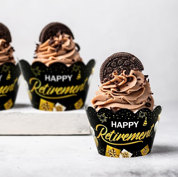 Whaline 36Pcs Happy Retirement Cupcake Wrappers Black Gold Retirement Cupcake Liners Decorative Cupcake Holders for Party Cake Dessert Decoration