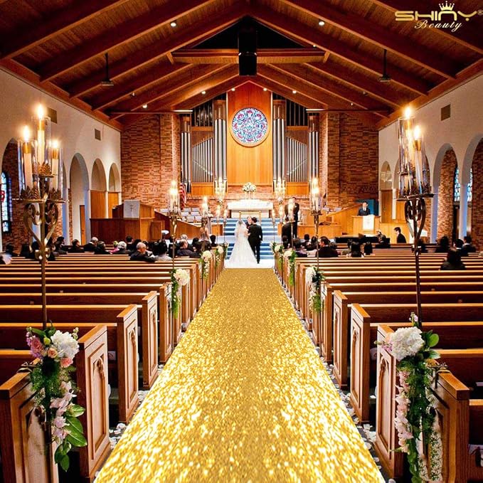ShinyBeauty 4x20ft Sequined Gold Wedding Aisle Runner – Floral Printed Reusable Carpet Runner for Bride Walkway, Indoor Outdoor Ceremony