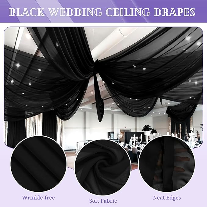 6 Panels Black Ceiling Drapes for Wedding 5ftx20ft Chiffon Fabric Arch Draping Curtains Sheer Drapery for Party Ceremony Birthday Baby Shower Reception Stage Swag Ceiling Decorations