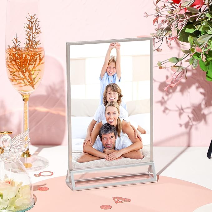 Blulu 12 Pack Acrylic Sign Holder Double Sided Picture Frame Wedding Table Number Stands with Border and Vertical Clear Display Menu Holders for Wedding Party Restaurant(4 x 6 Inch,Silver)
