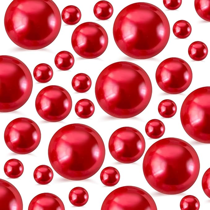 520Pcs Red Glossy Beads for Centerpiece Decor, Artifical Pearls Vase Filler, No Hole Round Pearl Beads for Wedding Birthday Christmas Party Home Decor(18mm 14mm 6mm)