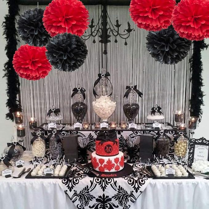 Paper Flower Tissue Pom Poms Party Supplies (black,red,12pc)