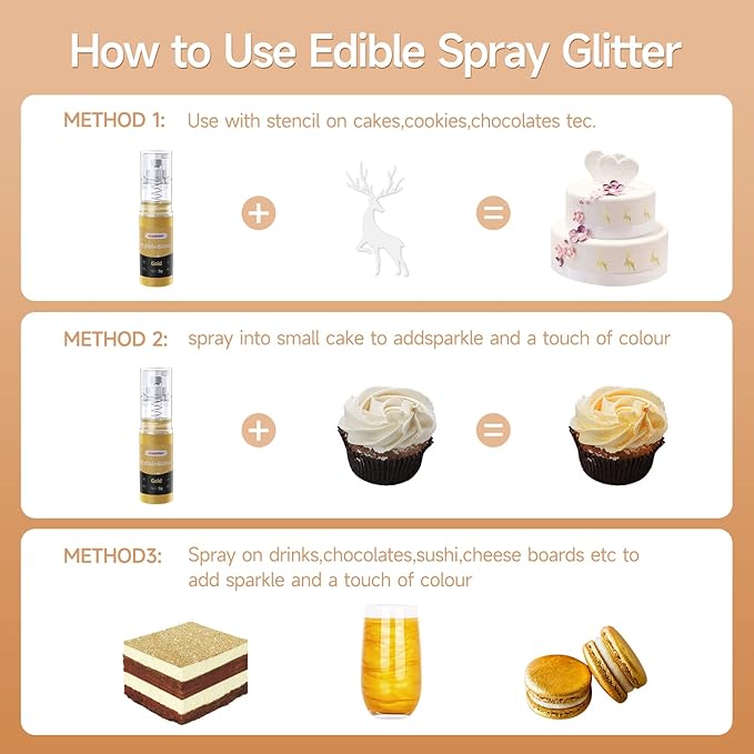 Edible Glitter Spray, Edible Luster Dust, 6 Colors, Edible Glitter for Cocktails, Powder for Cake Decorating, Baking, Drinks, Fondant, Candy, Cookie, Strawberry, 5g/bottle