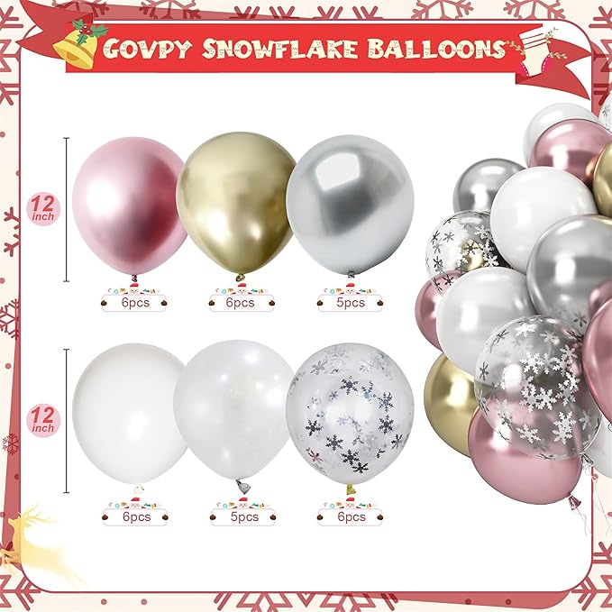Pink White Winter Wonderland Snowflake Balloons Set, Metallic Light Pink Gold Silver White Snowflake Confetti Balloons for Girl Christmas Birthday Winter Onederland Baby Shower Xmas Party Decorations