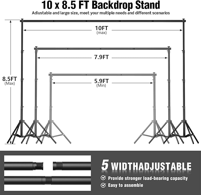 Backdrop Stand for Parties 10 x 8.5 FT, Heavy Duty Photography Backdrop Stand for Events, Video Shooting, Portable Photo Background Stand with Carry Bag, Sandbags, Spring Clamps