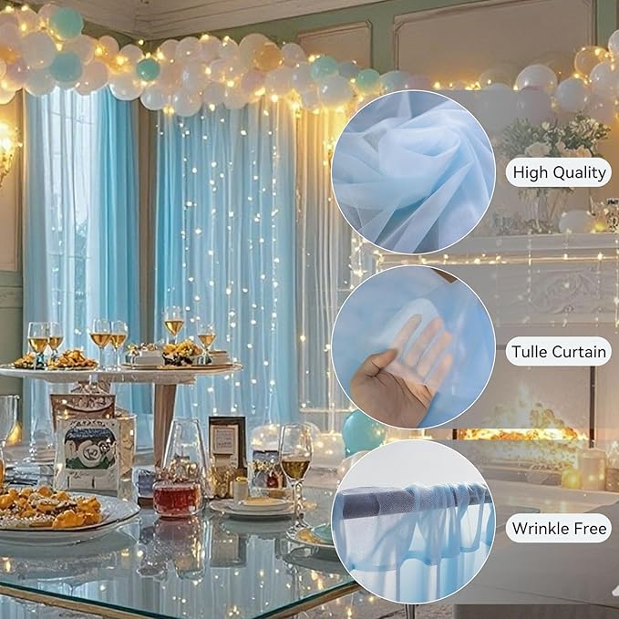 10×8ft Tulle Backdrop Curtains with Lights String - 300LED Fairy Lights Sheer Curtain Backdrop for Weddings Baby Shower and Birthday Party Decorations( 2 Panels 5×8ft)