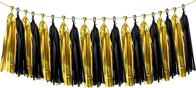 ZOOYOO Shiny Tassel Garland Tissue Paper Tassel Banner Table Decor,DIY Kits for Birthday,Wedding,Bridal Shower,Bachelorette,Graduation,Anniversary,New Year Party Decorations,Pack of 20(Black Gold)