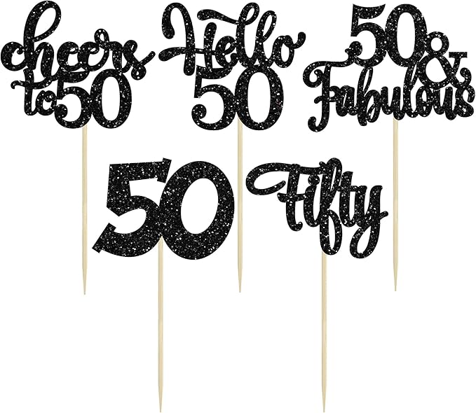 30Pcs Happy 50th Birthday Cupcake Toppers Black Glitter Fifty Cheers to 50 Years Old Birthday Cupcake Picks for 50th Birthday Anniversary Party Cake Decorations Supplies